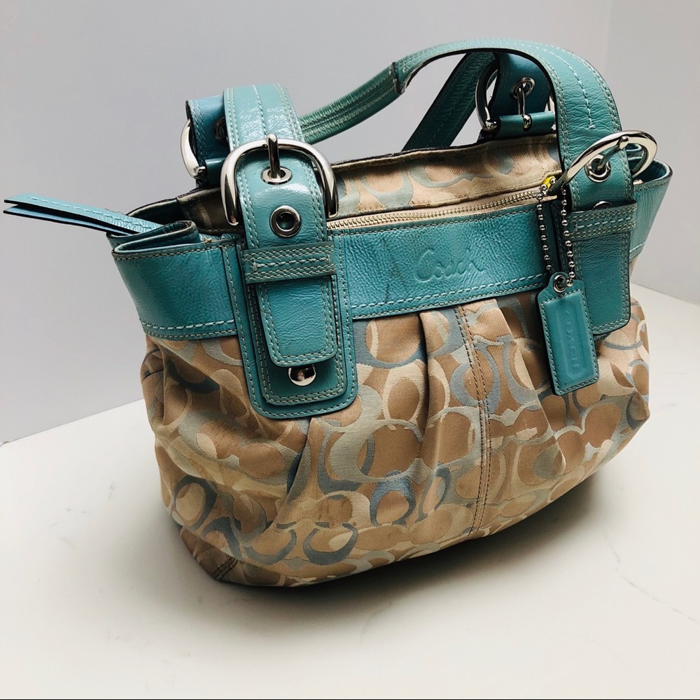 COACH Signature Turquoise and Tan Large handbag